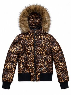 Guess Leopard Print Puffer Jacket with Faux Fur Trim - Brown/Black